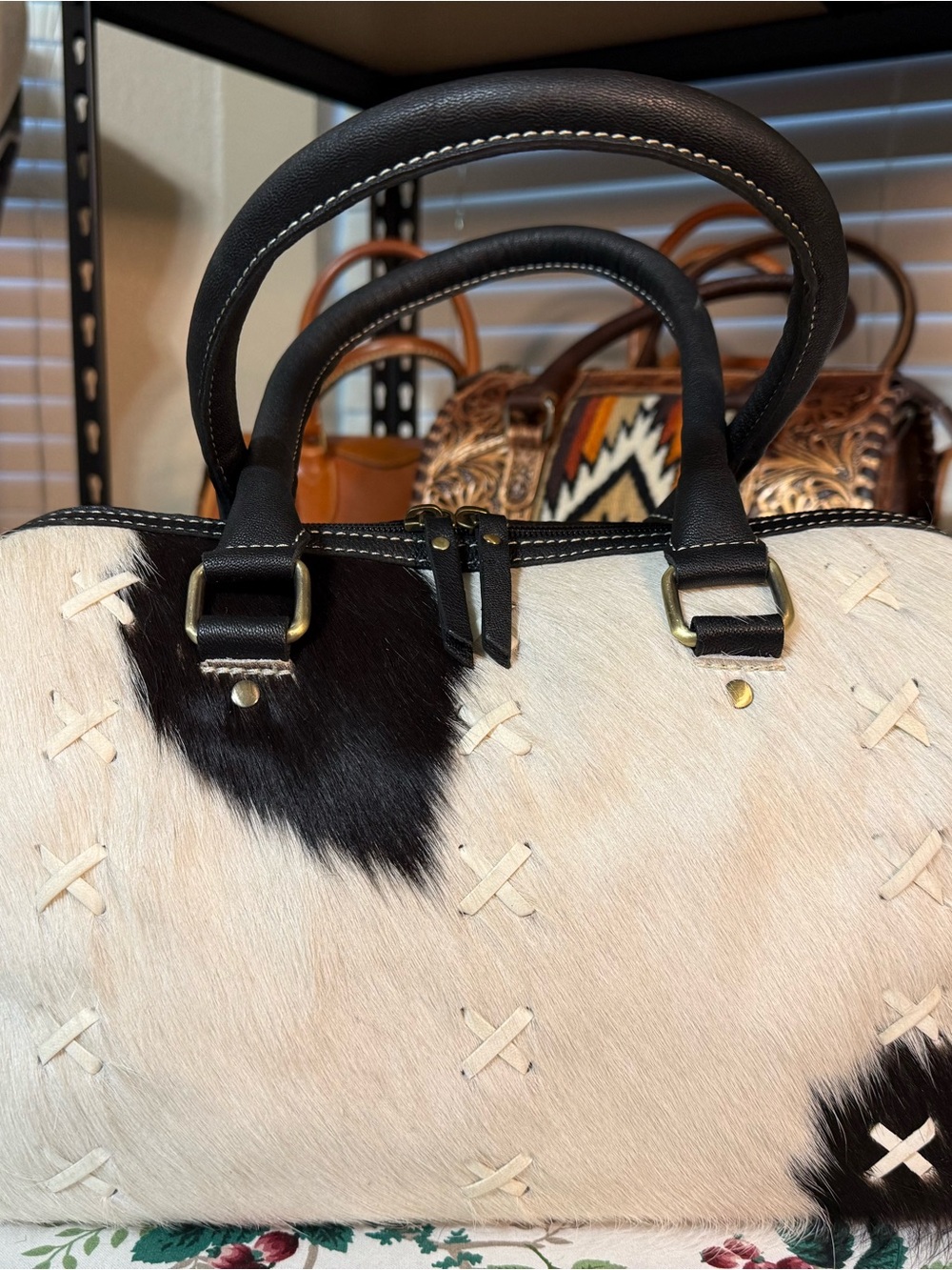 Frontier Black & Cream Cowhide Leather Satchel Handbag with crossbody